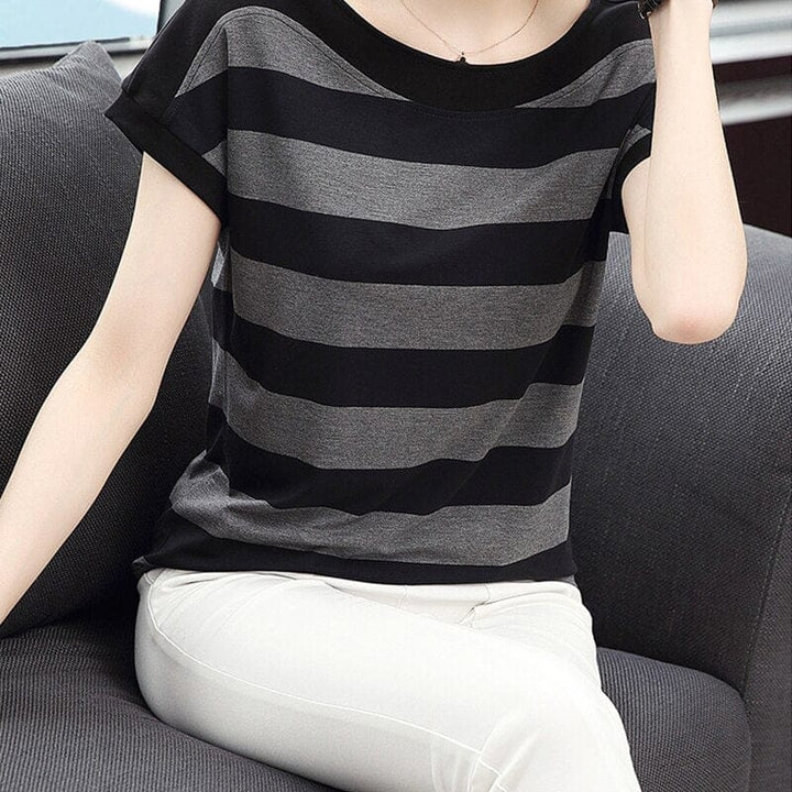 Cotton Black Striped Women Summer Loose T-Shirts 2020 Bennys Beauty World