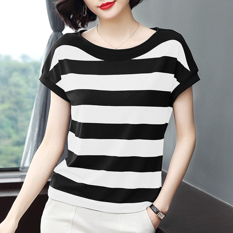 Cotton Black Striped Women Summer Loose T-Shirts 2020 Bennys Beauty World