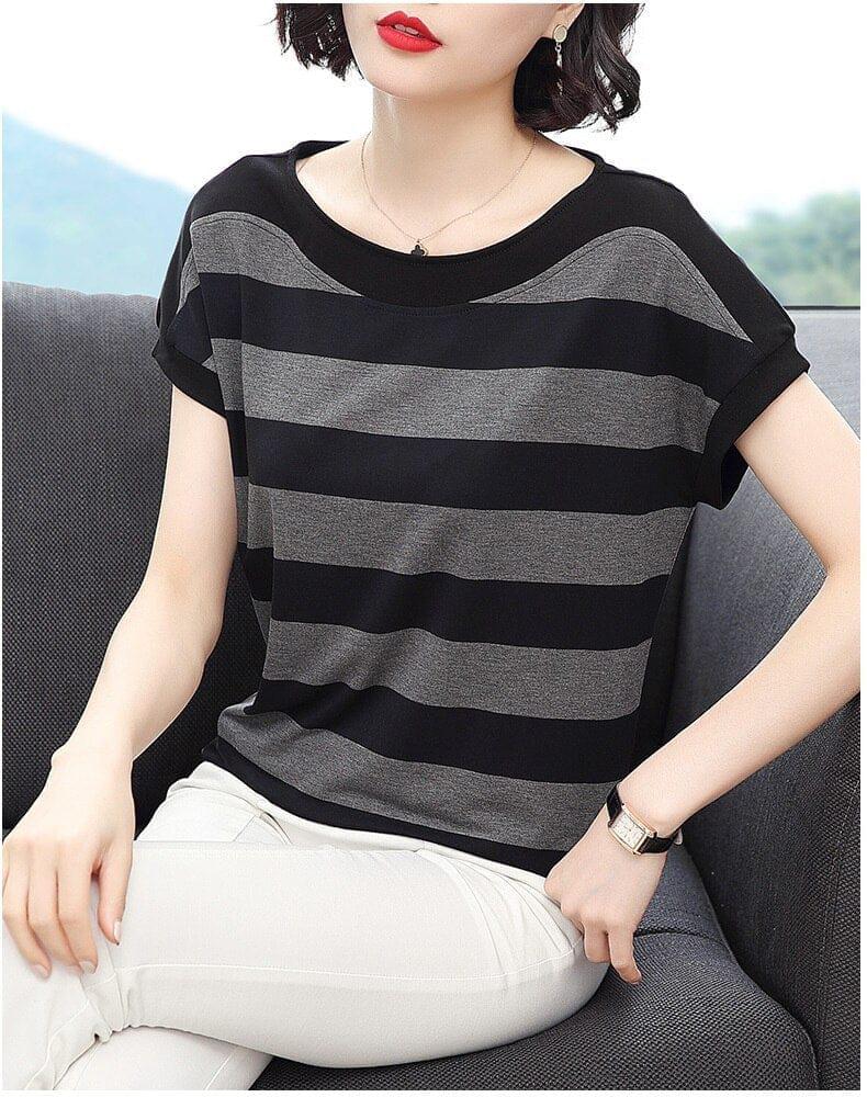 Cotton Black Striped Women Summer Loose T-Shirts 2020 Bennys Beauty World