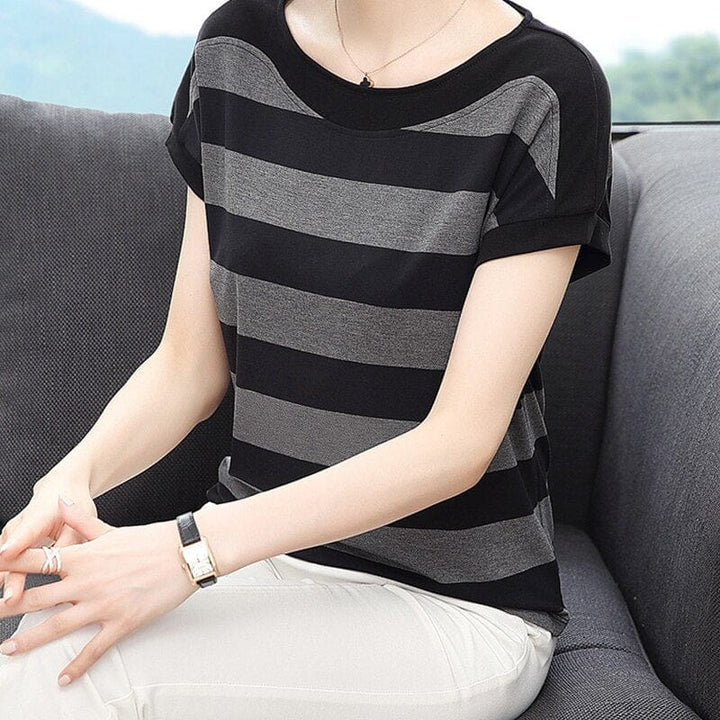 Cotton Black Striped Women Summer Loose T-Shirts 2020 Bennys Beauty World