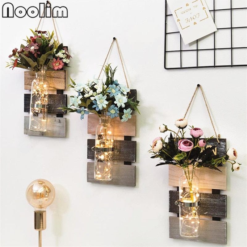 Creative Hanging Glass + Wooden Base Flower Pot Home Wall Decoration Bennys Beauty World
