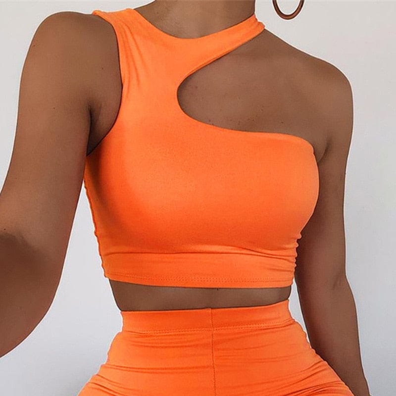 Cut Out Sexy Crop Off Shoulder Solid 2022 Skinny Sport Short Tops
