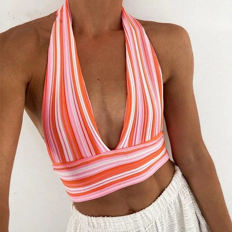 Deep V Neck Bandage Striped Tank Top – Bennys Beauty World