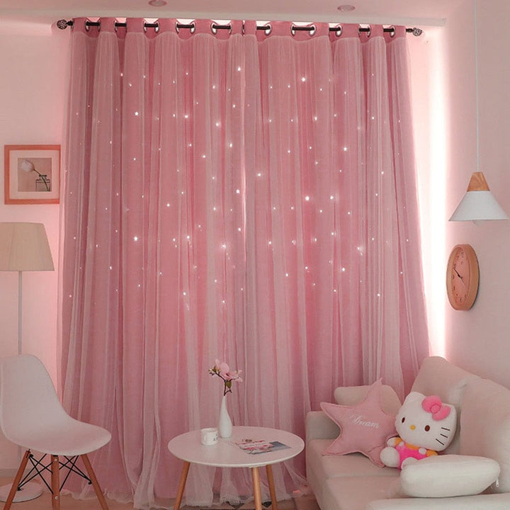 Double Layer Stars Blackout Curtains Pink Tulle For Kids Room Bennys Beauty World