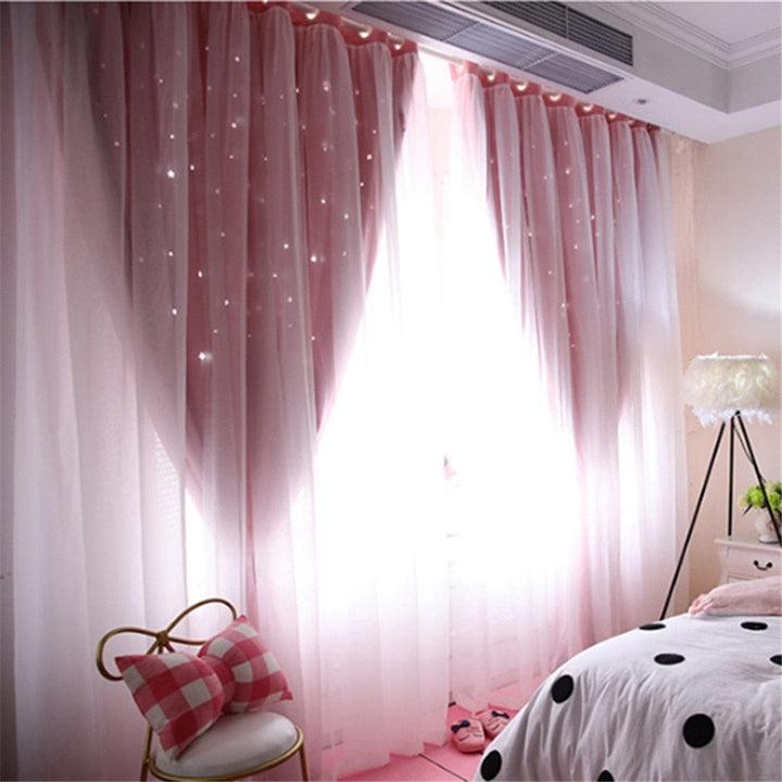 Double Layer Stars Blackout Curtains Pink Tulle For Kids Room Bennys Beauty World