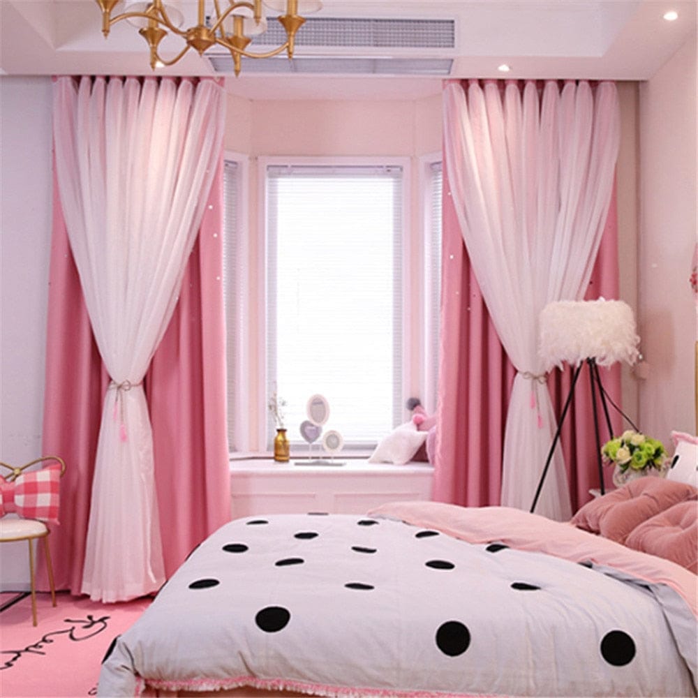 Double Layer Stars Blackout Curtains Pink Tulle For Kids Room Bennys Beauty World