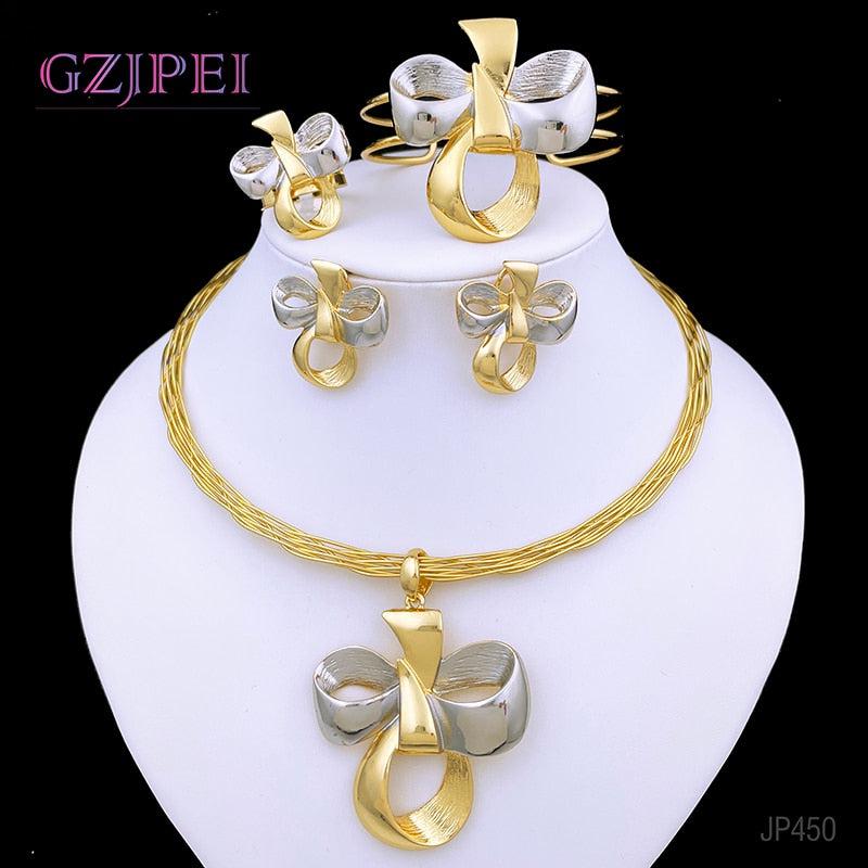 Dubai Gold Color Jewelry Sets Elegant Bow Shape Pendant And Earrings Set Bennys Beauty World