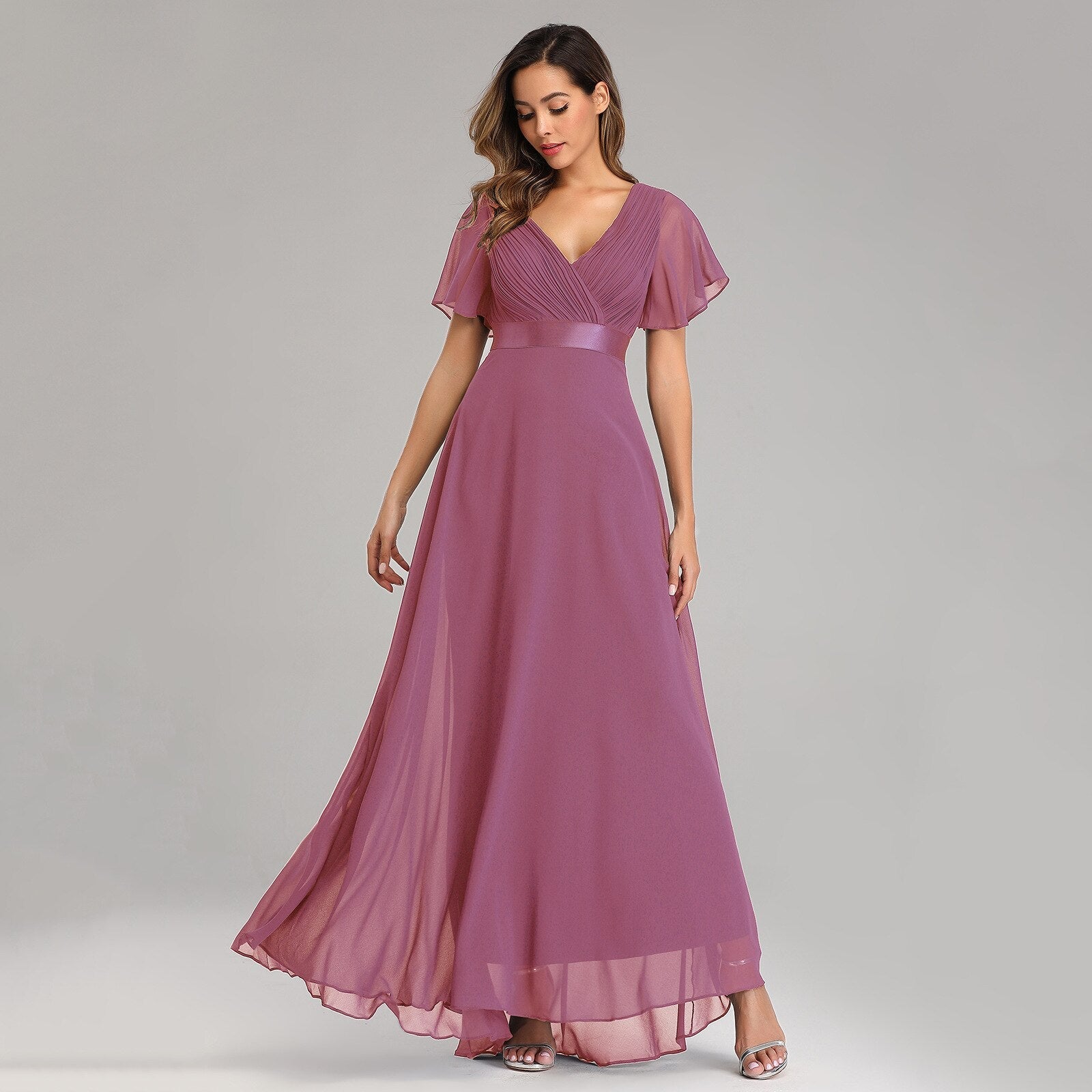 Elastic Chiffon Wedding Bridesmaid Dress Swing Flare Short Sleeves