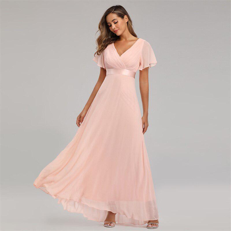 Elastic Chiffon Wedding Bridesmaid Dress Swing Flare Short Sleeves Dress Bennys Beauty World