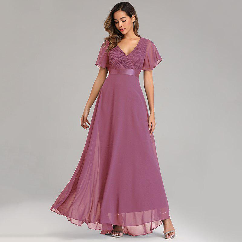 Elastic Chiffon Wedding Bridesmaid Dress Swing Flare Short Sleeves Dress Bennys Beauty World