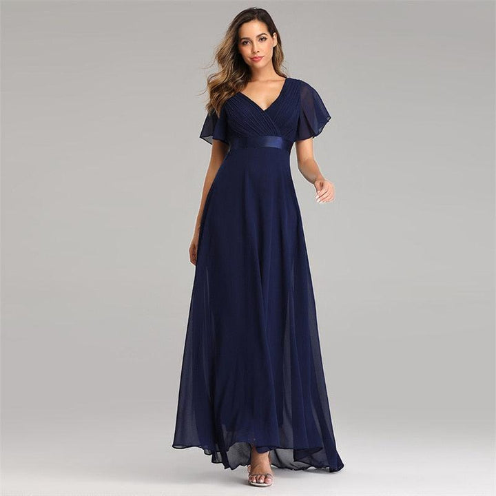 Elastic Chiffon Wedding Bridesmaid Dress Swing Flare Short Sleeves Dress Bennys Beauty World