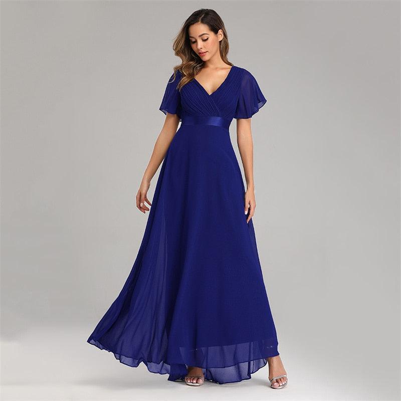 Elastic Chiffon Wedding Bridesmaid Dress Swing Flare Short Sleeves Dress Bennys Beauty World