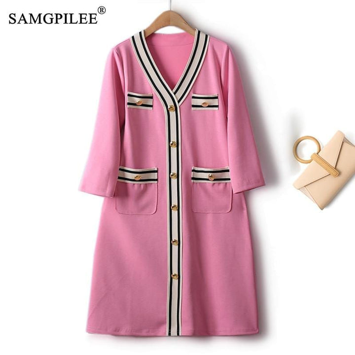 Elegant Dresses For Women Striped Stitched V-neck Dress 4XL Bennys Beauty World