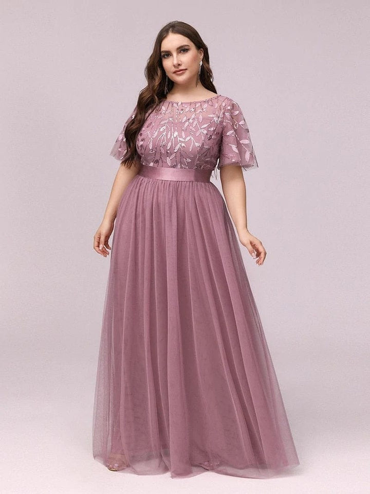 Elegant Evening Dresses O-Neck Sequin Tulle Floor Length Dresses for women Bennys Beauty World