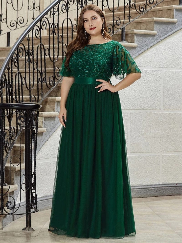 Elegant Evening Dresses O-Neck Sequin Tulle Floor Length Dresses for women Bennys Beauty World