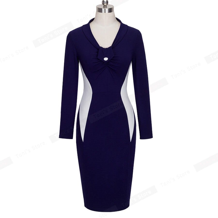 Elegant Winter Contrast Color Patchwork Fashion Bodycon Fitted Formal Dress Bennys Beauty World