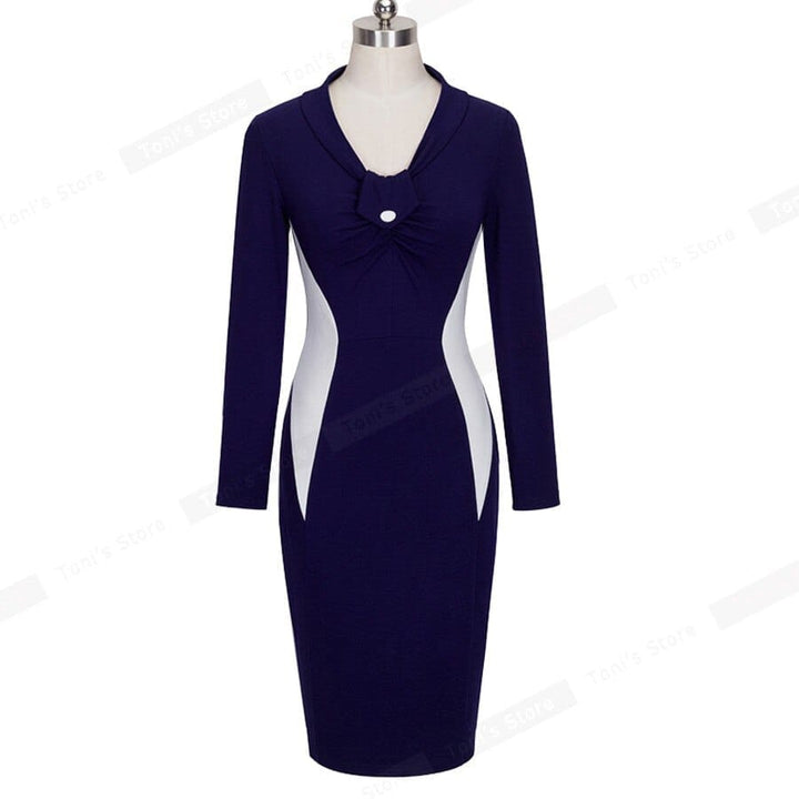 Elegant Winter Contrast Color Patchwork Fashion Bodycon Fitted Formal Dress Bennys Beauty World