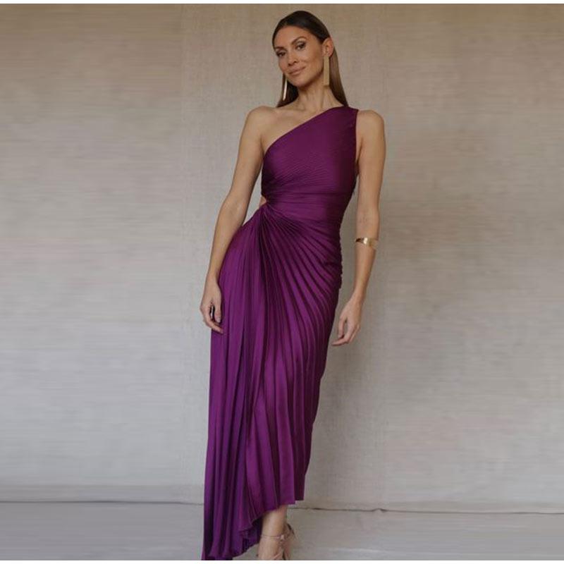 Elegant Women Pleated Dress Sexy One Shoulder Sleeveless Irregular Dress Bennys Beauty World