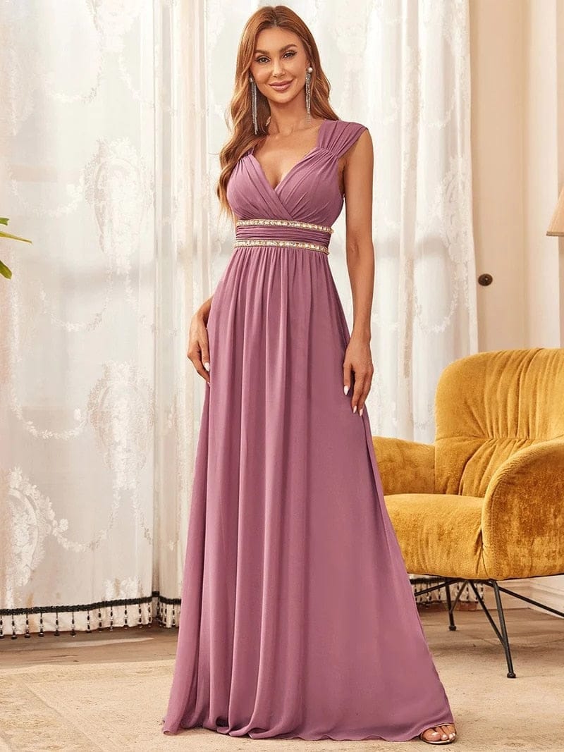 Elegant Women's Long A-LINE V-Neck Sleeveless Dress Bennys Beauty World