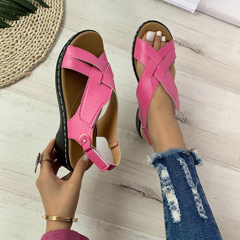 Ethnic Style Flower Frint Sandals Women Low Heel Velcro Beach Shoes Summer Bennys Beauty World