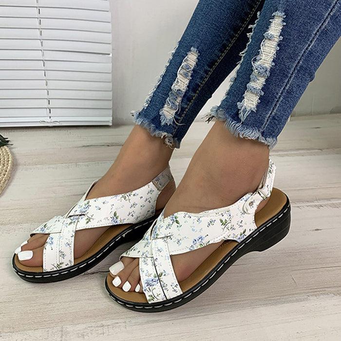 Ethnic Style Flower Frint Sandals Women Low Heel Velcro Beach Shoes Summer Bennys Beauty World