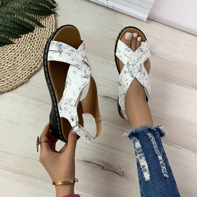 Ethnic Style Flower Frint Sandals Women Low Heel Velcro Beach Shoes Summer Bennys Beauty World