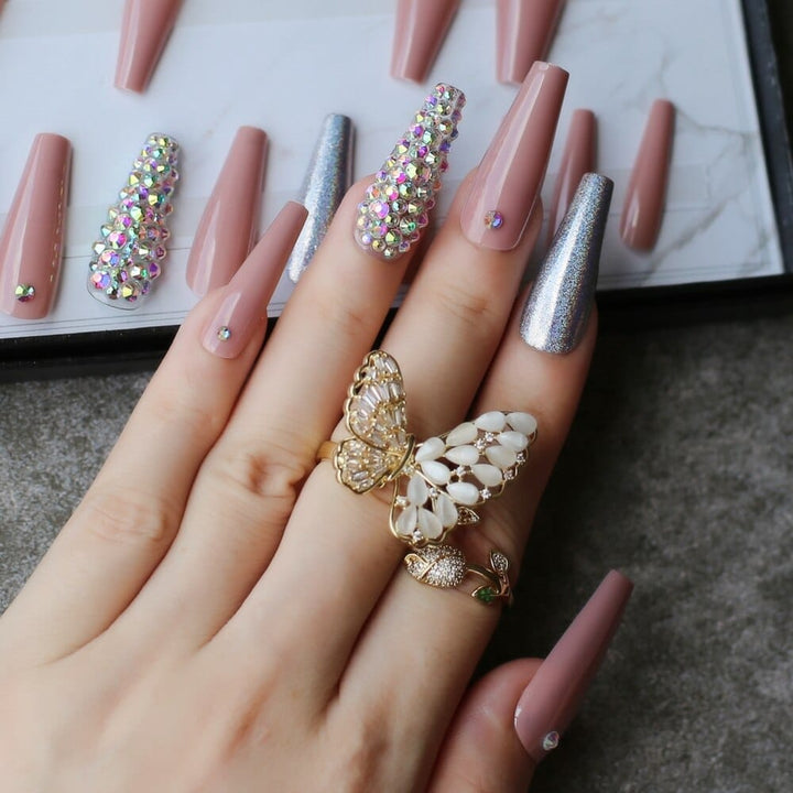 Extra nude long coffin fake nail Rhinestone luxury coffin nails Bennys Beauty World