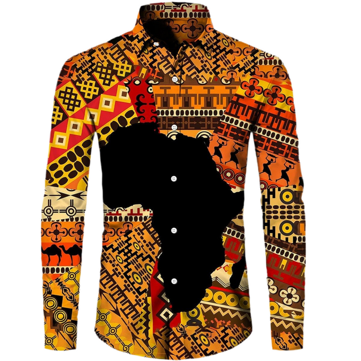 Men's Fashion Africa Native Print Long Sleeved Button Up Shirt