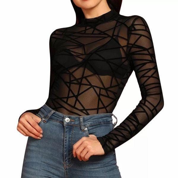 Fashion Ladies Sexy O-Neck Long Sleeve Grid Mesh Print Perspective Casual Tops Bennys Beauty World