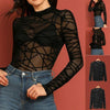 Fashion Ladies Sexy O-Neck Long Sleeve Grid Mesh Print Perspective Casual Tops Bennys Beauty World