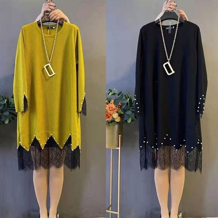 Fashion Midi Dress Casual Solid Color Lace Patchwork Dresses Bennys Beauty World