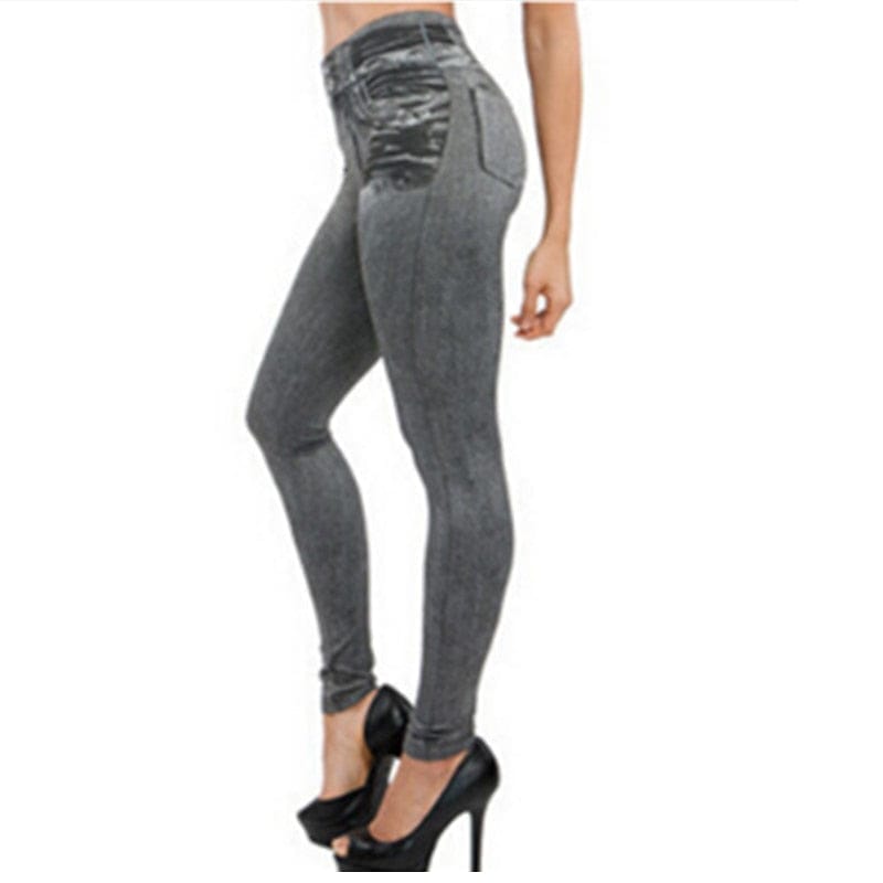 Women Faux Denim Jeans Look Stretch Pencil Slim Leggings Jeggings Fitness  Pants