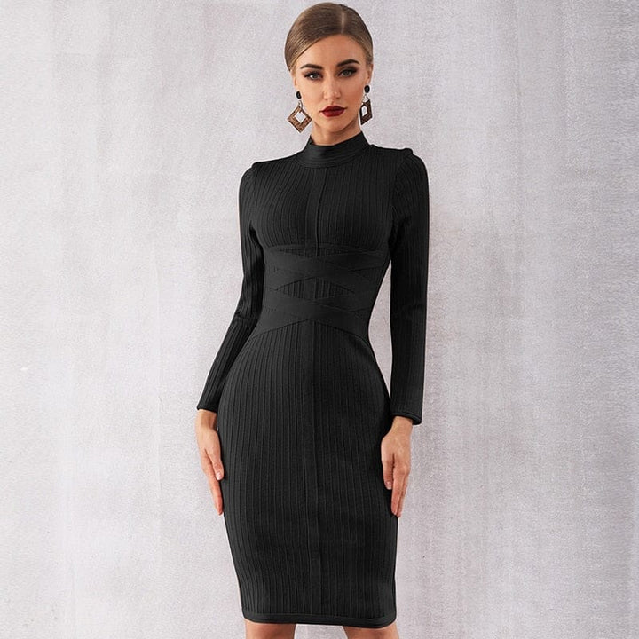 Fashion  Striped Long sleeve Waist Bandage Dresses Bennys Beauty World