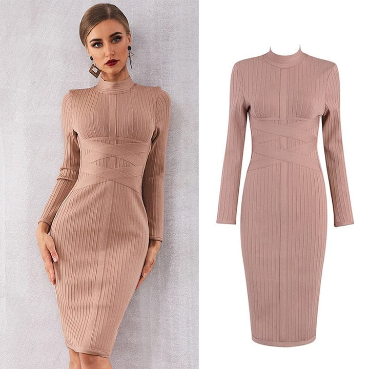 Fashion  Striped Long sleeve Waist Bandage Dresses Bennys Beauty World