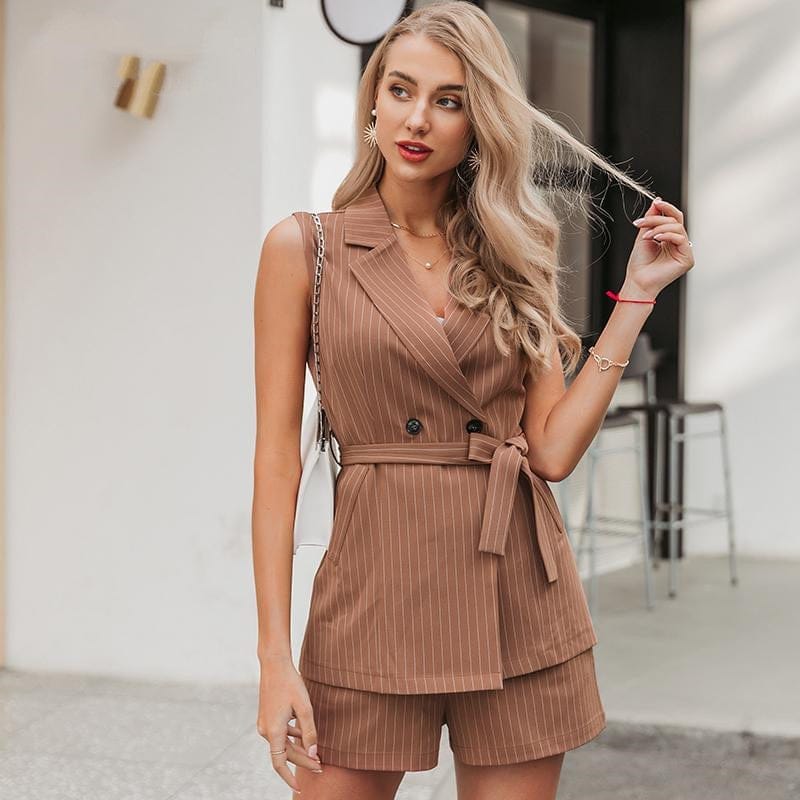 Fashion Striped Suit Collar Lace Up Shorts Set Bennys Beauty World