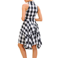 Fashion Summer Lady Plaid Print Button Down Slim Sleeveless Irregular Midi Dress Bennys Beauty World