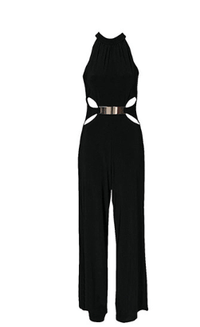 Fashion casual stitching long-sleeved high-neck flared pants black sling jumpsuit Bennys Beauty World