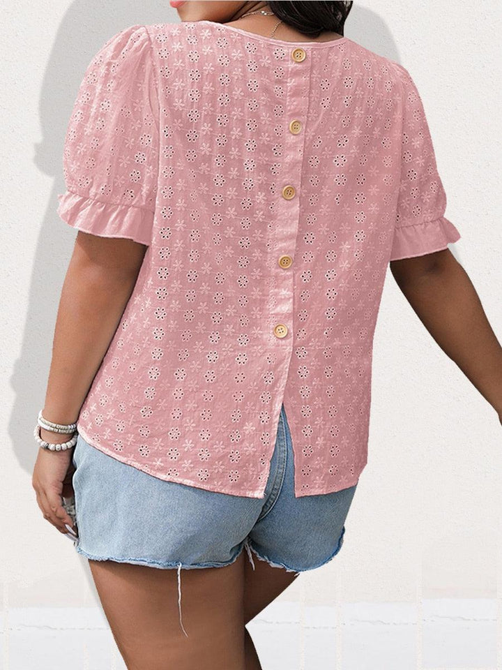 Finjani Plus Size Button Detail Schiffy Blouse Women Short Sleeve Hollow Oversized T-shirt Summer Casual Temperament Top BENNYS 