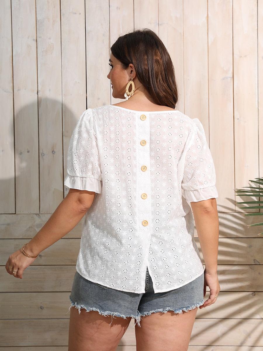 Finjani Plus Size Button Detail Schiffy Blouse Women Short Sleeve Hollow Oversized T-shirt Summer Casual Temperament Top BENNYS 