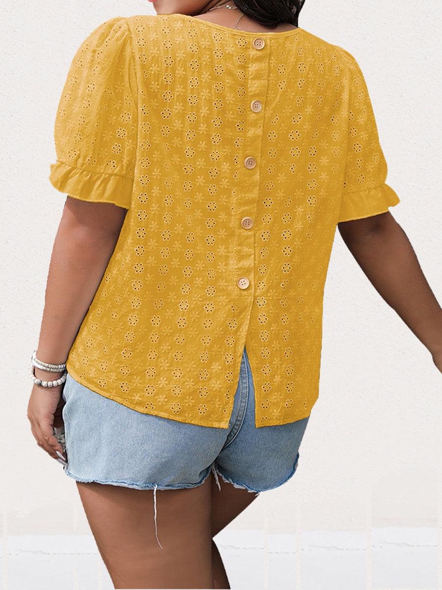 Finjani Plus Size Button Detail Schiffy Blouse Women Short Sleeve Hollow Oversized T-shirt Summer Casual Temperament Top BENNYS 