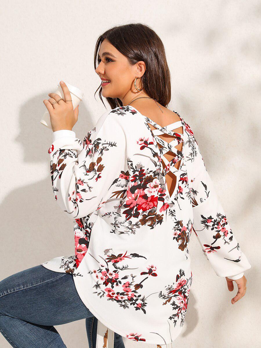 Finjani Plus Size Women Blouse 2022 New Floral Print Criss Cross Back Blouses Curved Hem Top Elegant Women&#39;s Clothing BENNYS 