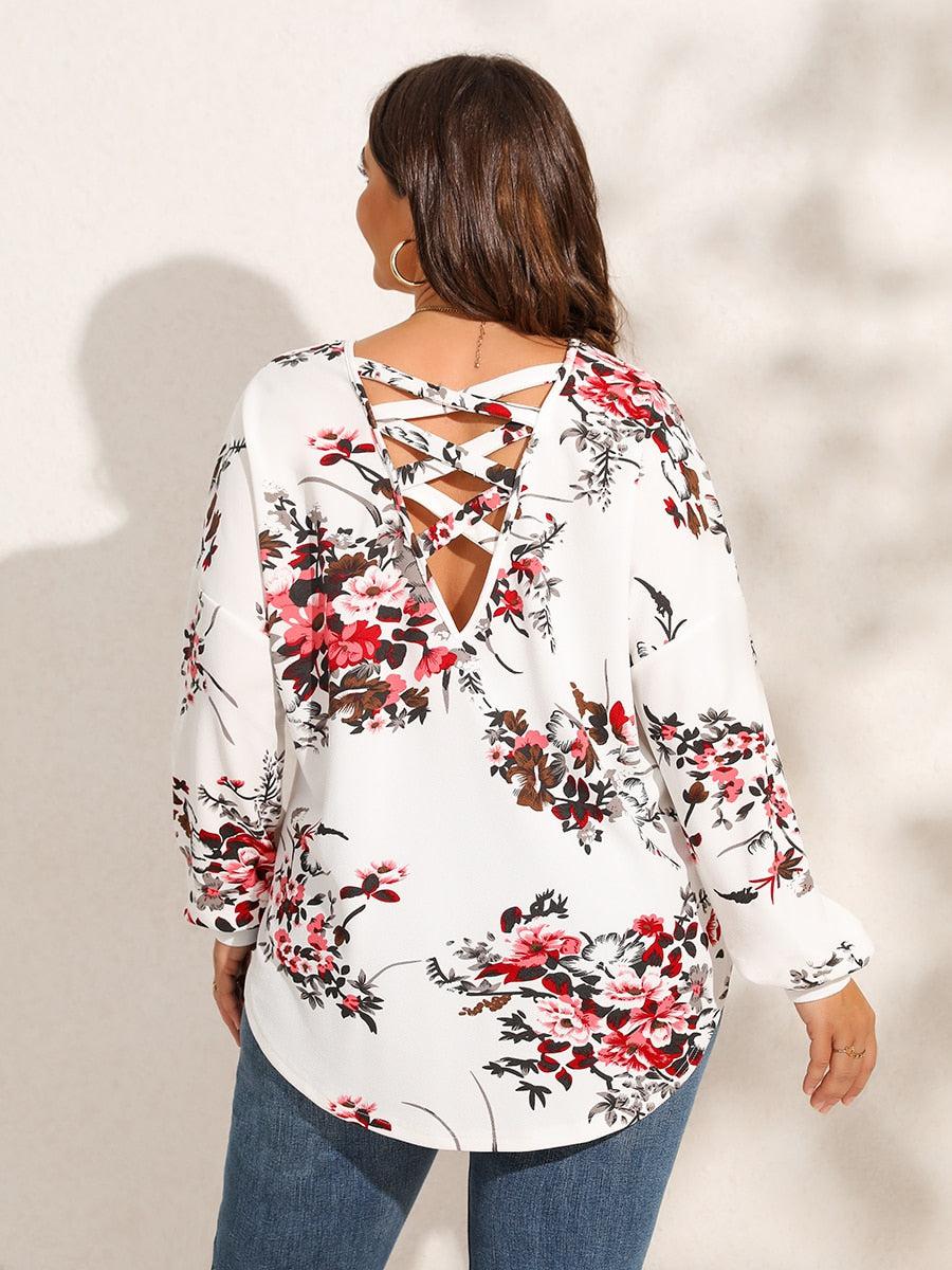 Finjani Plus Size Women Blouse 2022 New Floral Print Criss Cross Back Blouses Curved Hem Top Elegant Women&#39;s Clothing BENNYS 