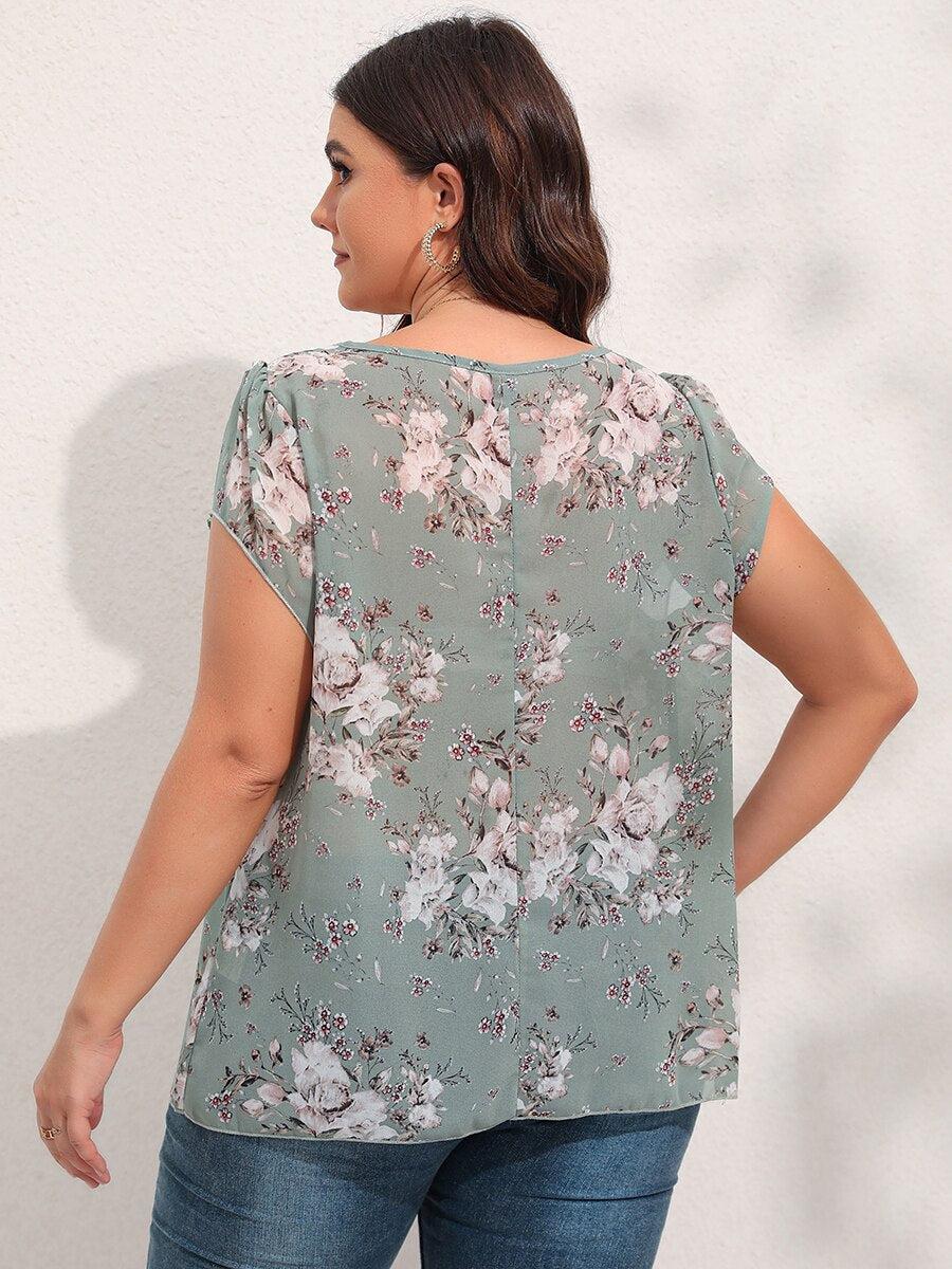 Finjani Floral Print Keyhole Neckline Blouse Plus Size Short Sleeve Casual Women&#39;s Top BENNYS 