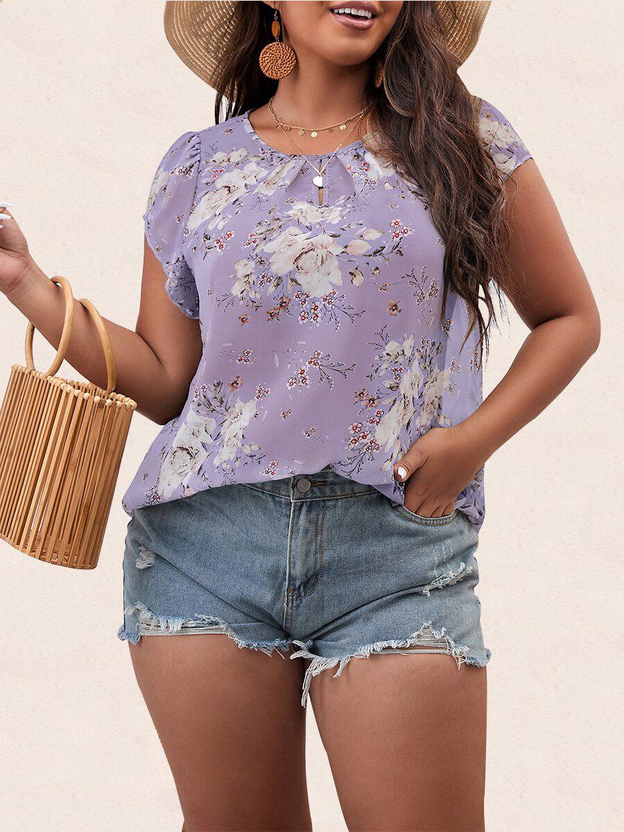 Finjani Floral Print Keyhole Neckline Blouse Plus Size Short Sleeve Casual Women&#39;s Top BENNYS 