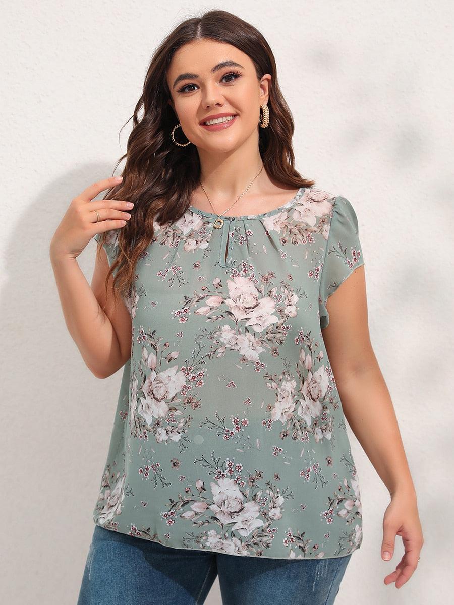 Finjani Floral Print Keyhole Neckline Blouse Plus Size Short Sleeve Casual Women&#39;s Top BENNYS 