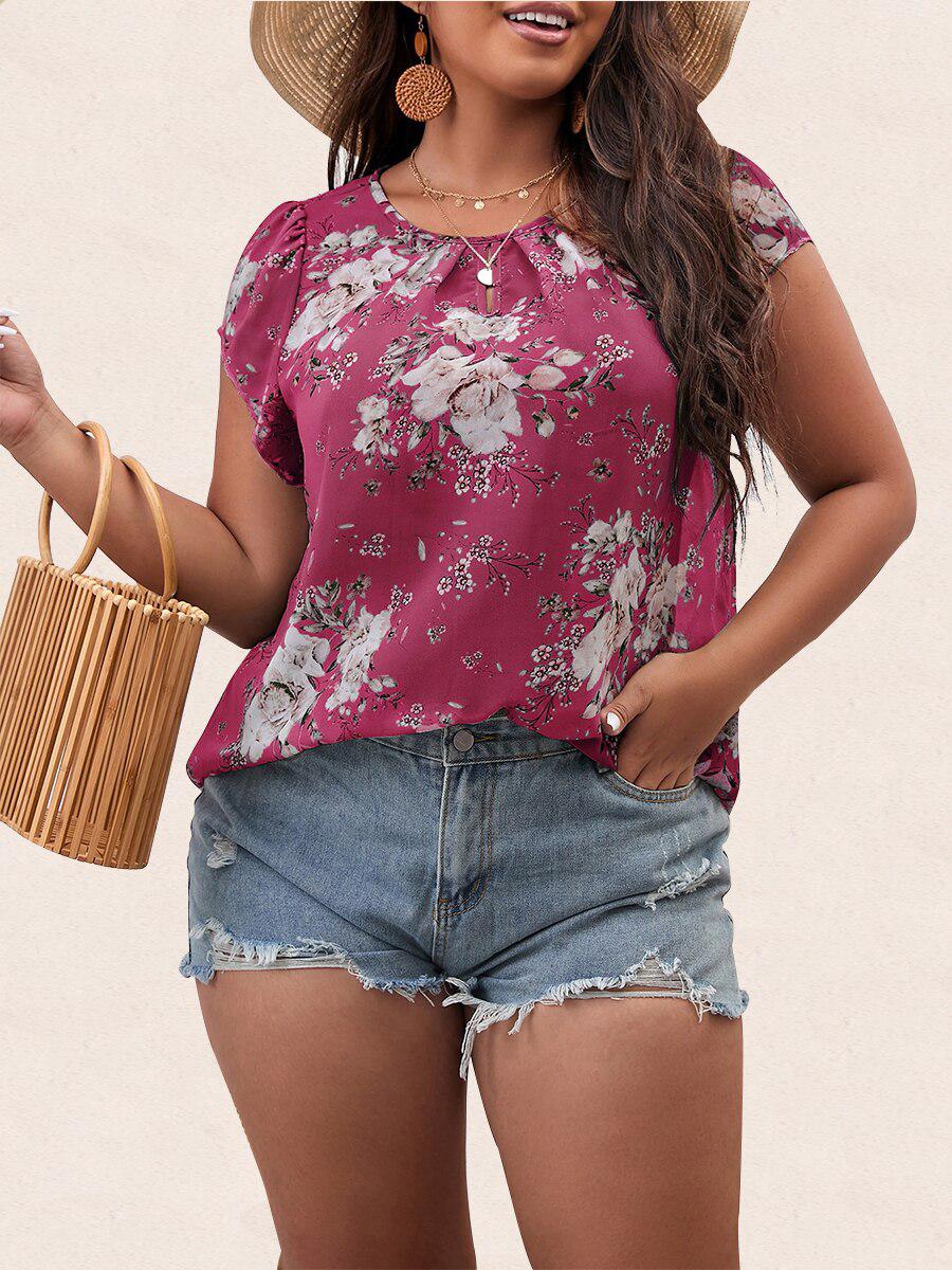 Finjani Floral Print Keyhole Neckline Blouse Plus Size Short Sleeve Casual Women&#39;s Top BENNYS 