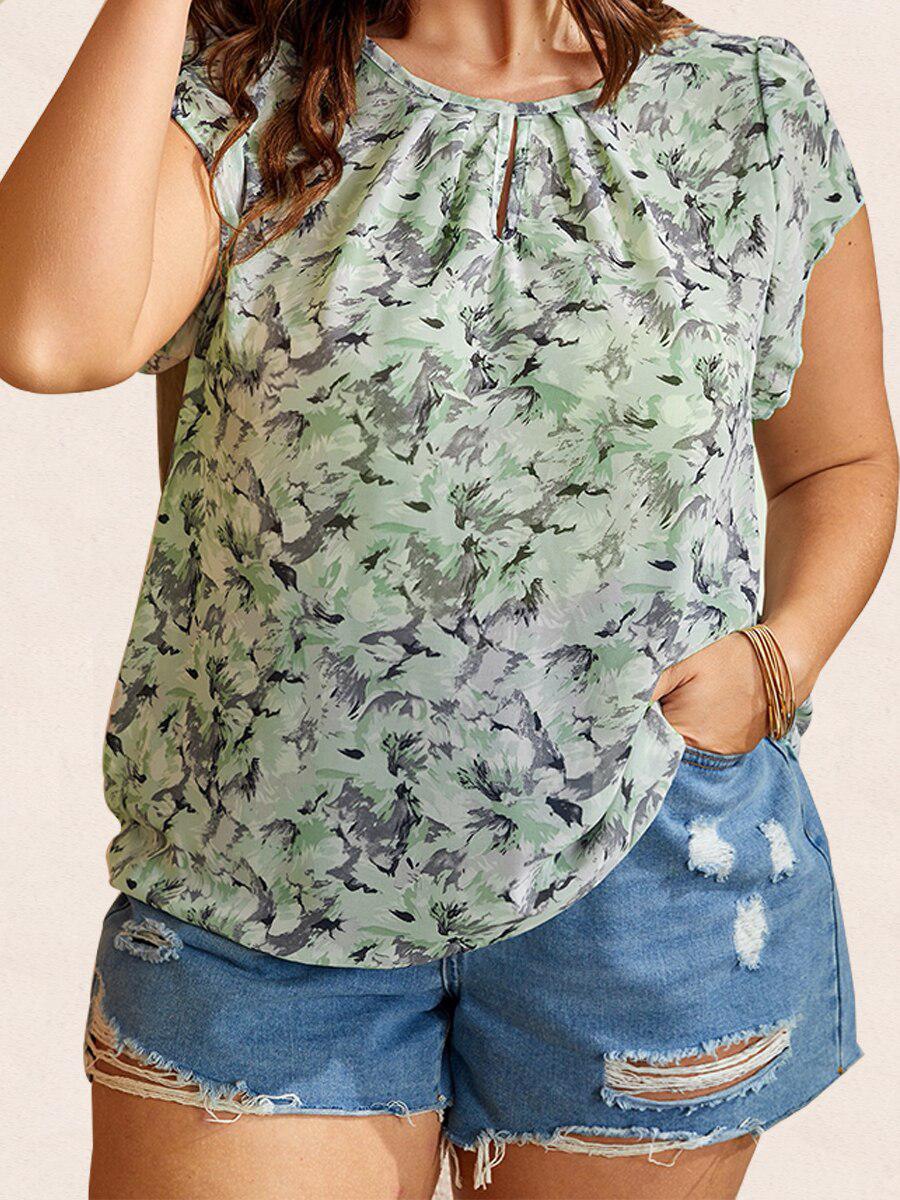 Finjani Floral Print Keyhole Neckline Blouse Plus Size Short Sleeve Casual Women&#39;s Top BENNYS 