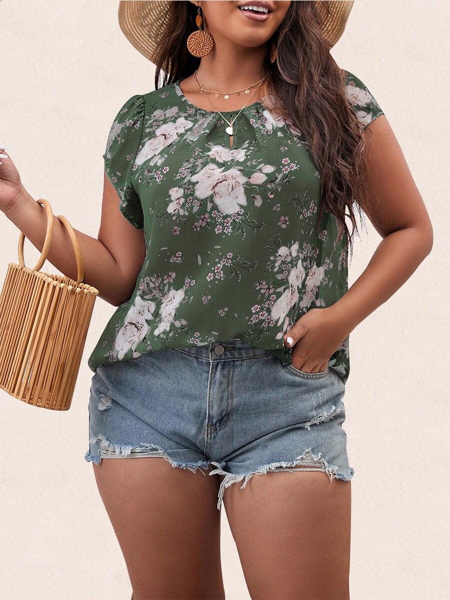 Finjani Floral Print Keyhole Neckline Blouse Plus Size Short Sleeve Casual Women&#39;s Top BENNYS 