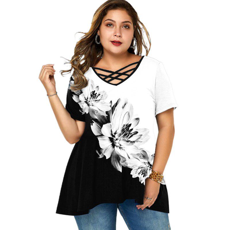 Plus Size Tops T shirt Floral Print Short Sleeve V Neck Tees BENNYS 