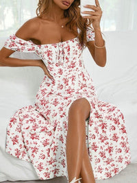 Floral Slit Thigh Tie Front Puff Sleeve Ruched Bust Dress BENNYS 
